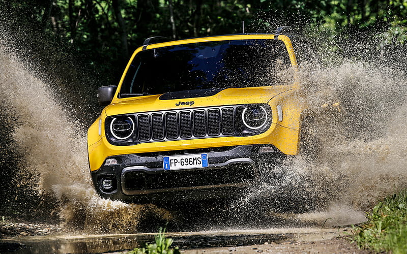 Jeep Renegade Trailhawk, 2018, front view, new yellow Renegade, SUV, American cars, Jeep, HD wallpaper