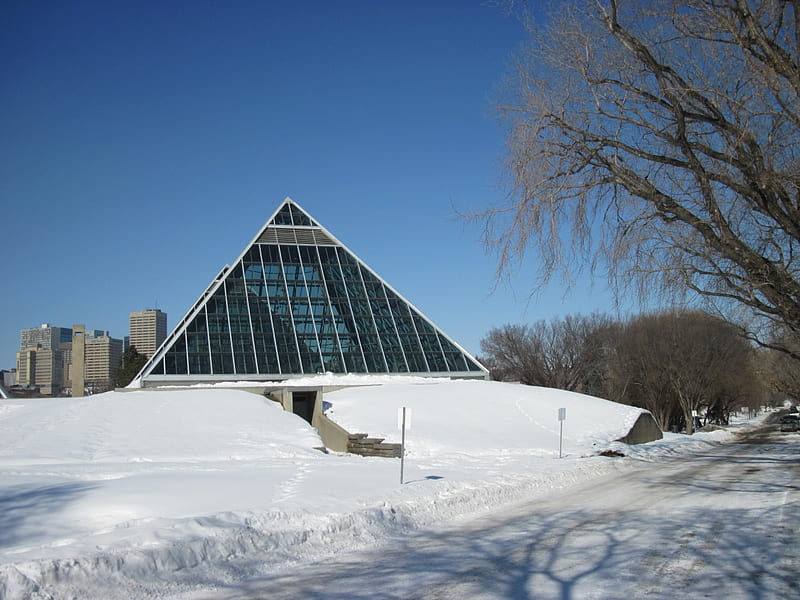 Muttart Conservatory of Edmonton 04, graphy, snow, pyramids, white, trees, sky, blue, Winter, HD wallpaper