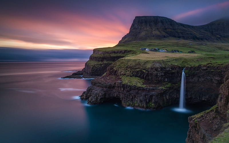 Faroe Islands, water, ocean, waterfall, nature, island, HD wallpaper