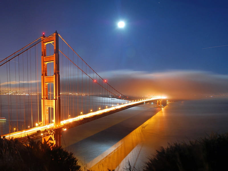 Golden Gate Lights, gate, moon, bridge, golden, full, bonito, San Francisco, lights, HD wallpaper