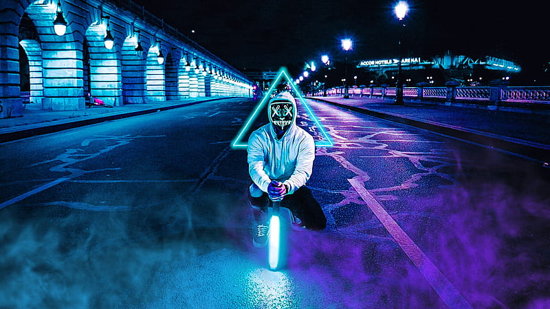 Mask Guy, blue, bridge, light saver, lights, neon, purple, road, HD wallpaper
