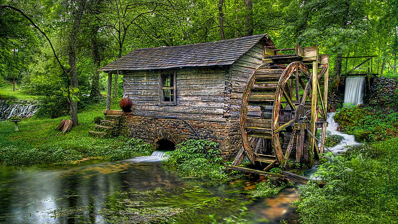 little mill in the forest, forest, stream, waterwheel, mill, waterfalls, HD wallpaper
