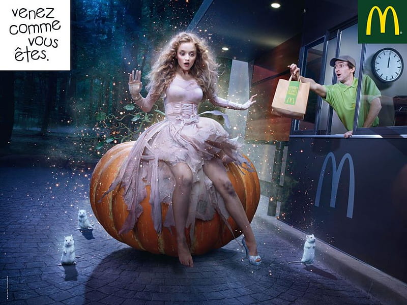 Cinderella at midnight, mcdonalds, woman, pumpkin, mice, HD wallpaper