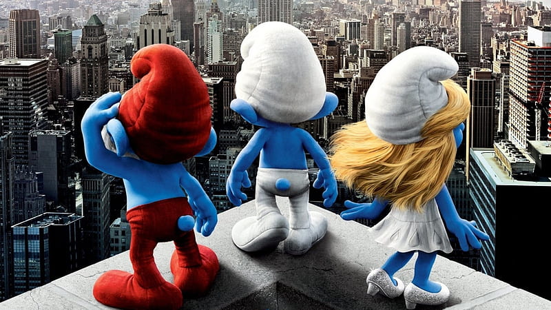 The Smurfs, poster, red, new york, movie, fantasy, city, girl, funny, white, blue, HD wallpaper