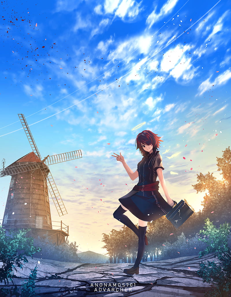 Exusiai (Arknights), windmill, anime girls, anime, sky, outdoors, Arknights, HD phone wallpaper