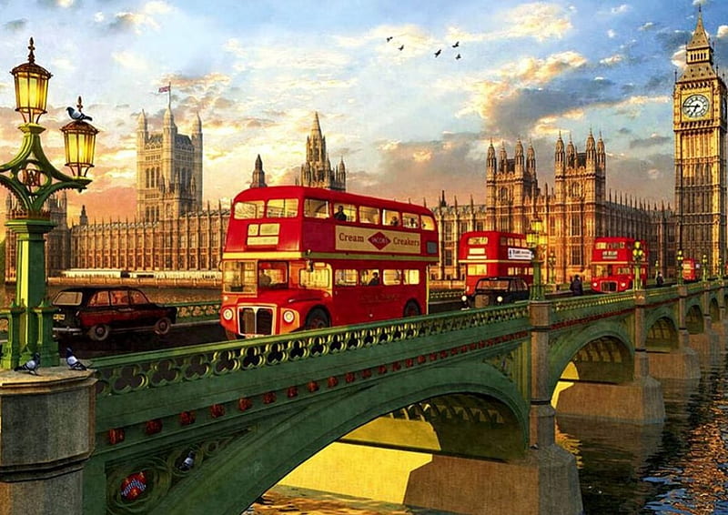 Westminster Bridge, thames, artwork, bus, carros, london, painting, parliament, river, big ben, HD wallpaper