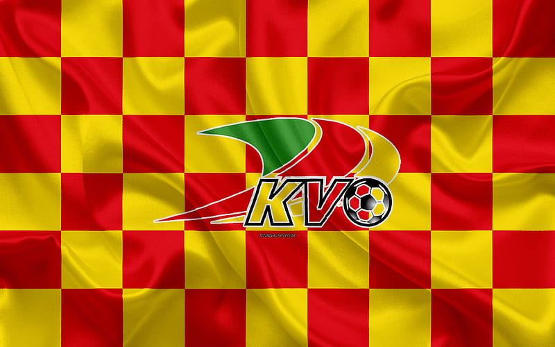 KV Oostende logo, creative art, red yellow checkered flag, Belgian football club, Jupiler Pro League, Belgian First Division A, emblem, silk texture, Ostend, Belgium, football, Oostende FC, HD wallpaper