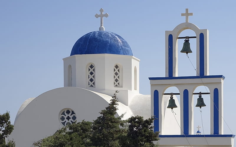 Campanas de iglesia en santorini, grecia, cruces, isla, grecia, iglesia,  santorini, Fondo de pantalla HD | Peakpx