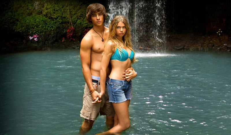Young Couple, male, female, model, waterfall, lake, couple, HD wallpaper