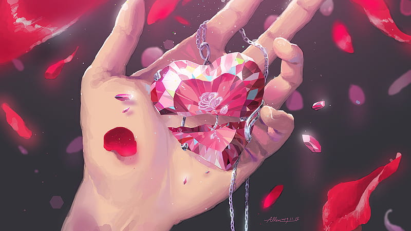 allenbeautiful, fantasy, heart, hand, petals, crystal, valentine, pink, glass, HD wallpaper
