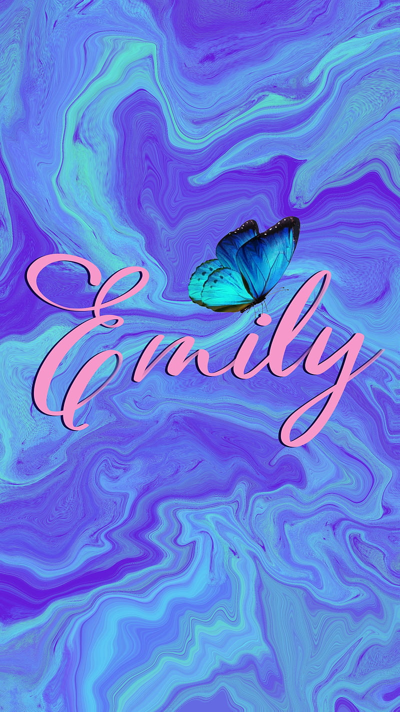 emily beauty, blue, butterfly, cute, girly, lettering, liquid, name, pink, purple, text, word, HD phone wallpaper
