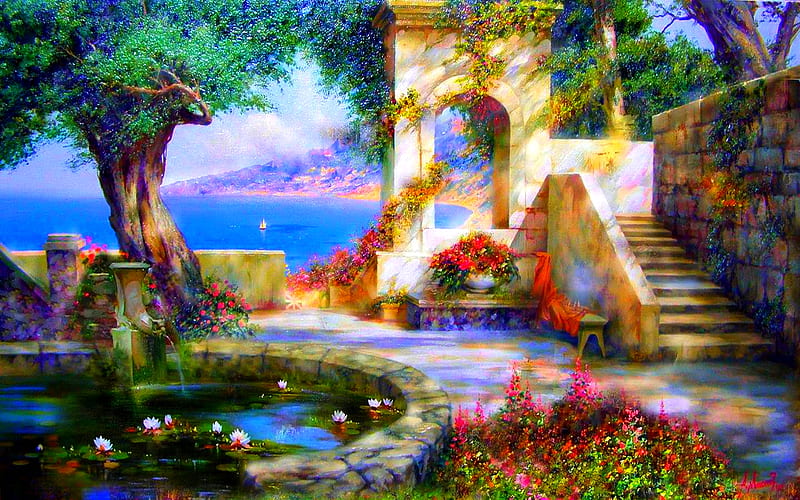 PARADISE, art, sea, sail, pond, lillies, alexander miliukov, painting, summer, heaven, garden, HD wallpaper