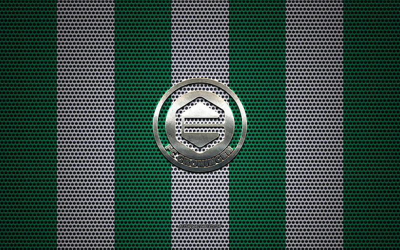 FC Groningen logo, Dutch football club, metal emblem, green white metal mesh background, FC Groningen, Eredivisie, Groningen, Netherlands, football, HD wallpaper