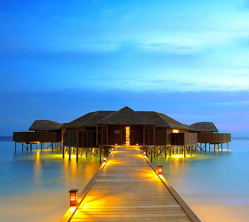 Maldives, hut, nature, paradise, picnic, sand, sea beach, sky, yellow, HD wallpaper