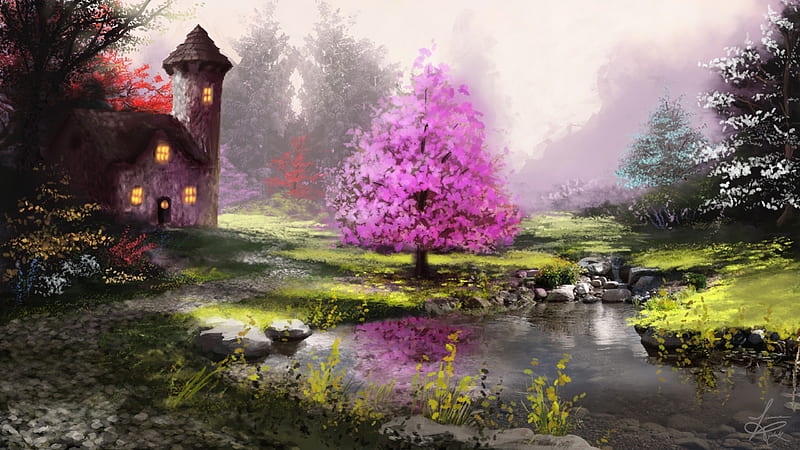 -Beautiful of Sunlit Pond-, stream, pretty, house, stunning, grass, home, attractions in dreams, bonito, digital art, paintings, landscapes, scenery, drawings, lovely, colors, love four seasons, creative pre-made, spring, trees, pond, cool, sunlit, plants, summer, nature, reflections, HD wallpaper