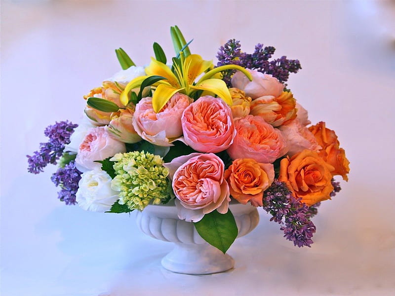 Class, colors, yellow, vase, roses, lilacs, purple, flowers, arrangement, white, pink, HD wallpaper