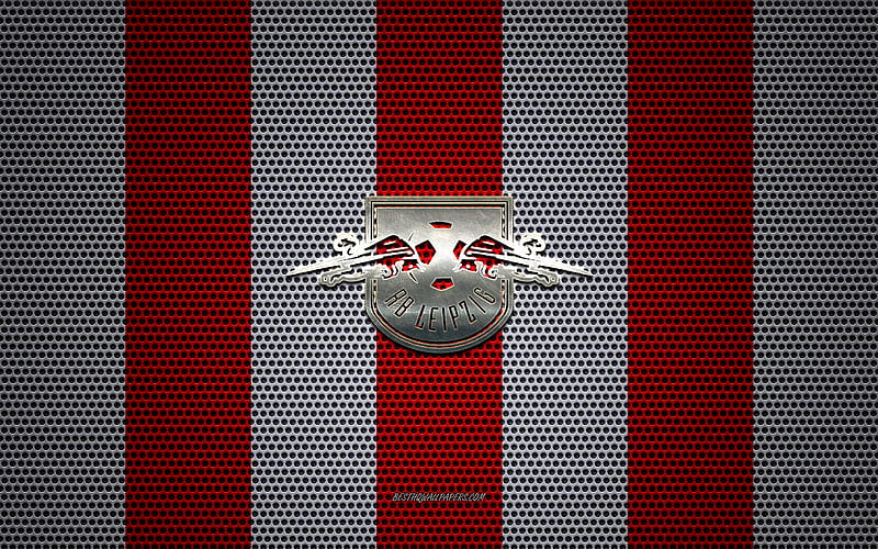 RB Leipzig logo, German football club, metal emblem, red-white metal mesh background, RB Leipzig, Bundesliga, Leipzig, Germany, football, HD wallpaper