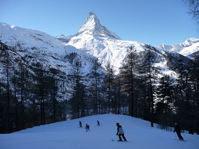 matterhorn Italian alps, trees, snow, skiers, mountains, HD wallpaper