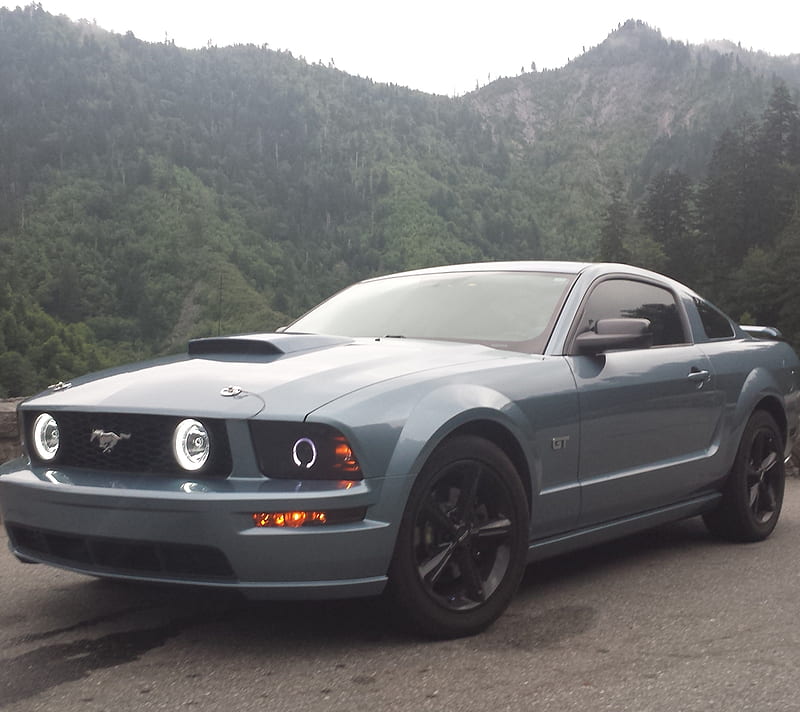 Mustang GT, blue, great smokey mountains, halos, HD wallpaper