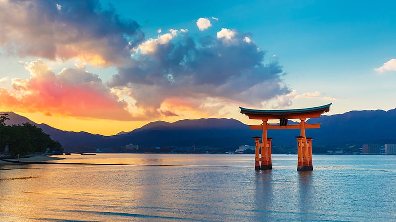 Itsukushima Gate, gate, torii, itsukushima, japanese, ocean, sky, japan, hiroshima, nature, scenery, HD wallpaper