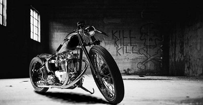 Kill Kill Kill, black and white, motorcycles, bike, industrial, HD wallpaper