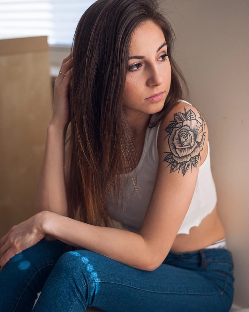Eliza Wolniewicz, Patrycjusz, brunette, women, Polish, model, inked girls, long hair, white tops, ripped clothes, tattoo, brown eyes, jeans, touching hair, looking away, straight hair, Polish women, polish model, HD phone wallpaper