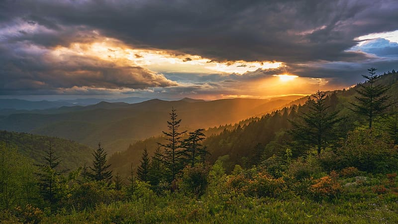 After the Storm, Blue Ridge Parkway, North Carolina, sunrays, hills, trees, landscape, clouds, sky, usa, HD wallpaper