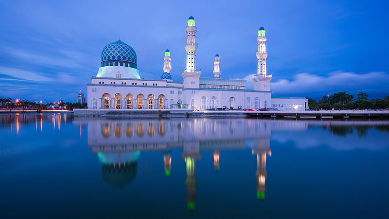 Kota Kinabalu City Mosque, religious, white, blue, Malaysia, Kota Kinabalu City, water, graphy, peacfulness, mosque, U, serene, Borneo, HD wallpaper