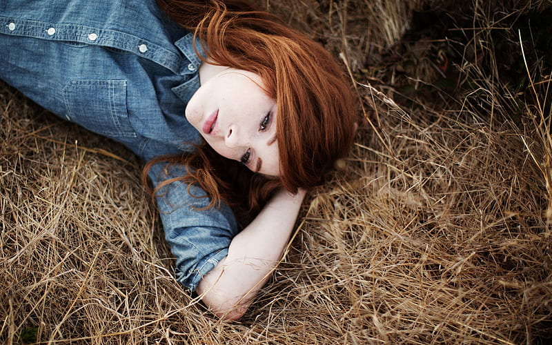 Lying on a field of grass, shirt, female, model, grass, redhead, lying ...