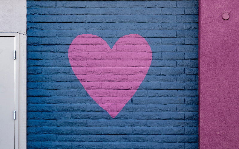 pink heart on a blue wall, pink heart, love concepts, brick wall texture, romance, HD wallpaper