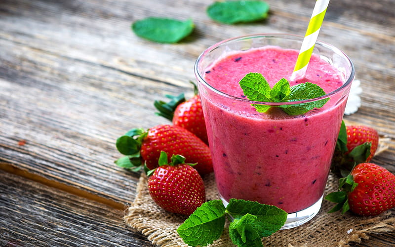 strawberry smoothies, berries, fruits, breakfast, smoothie in glassful, healthy food, fruit smoothies, HD wallpaper