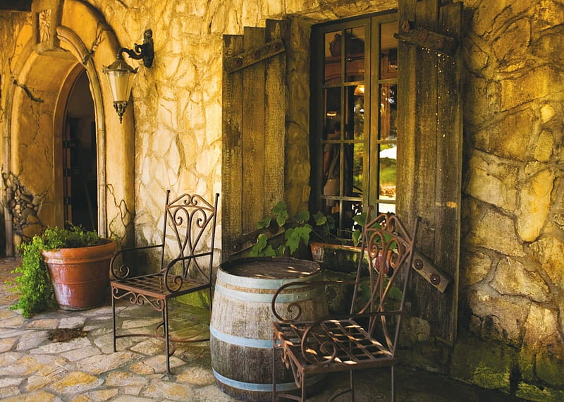 Tuscan House, table, lamp, chairs, barrel, wall, door, HD wallpaper