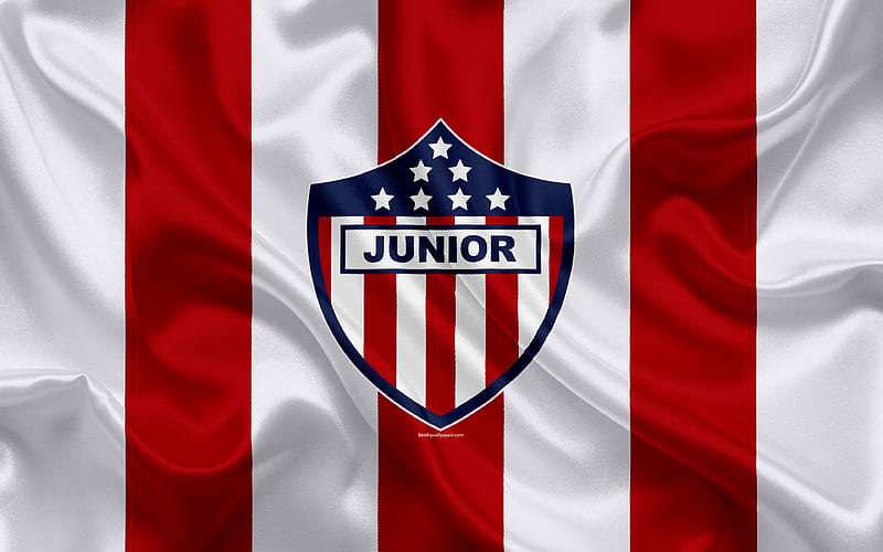 Club Deportivo Popular Junior, Atletico Junior FC logo, Colombian football club, silk texture, red white flag, Categoria Primera A, Barranquilla, Colombia, football, Liga Aguila, HD wallpaper
