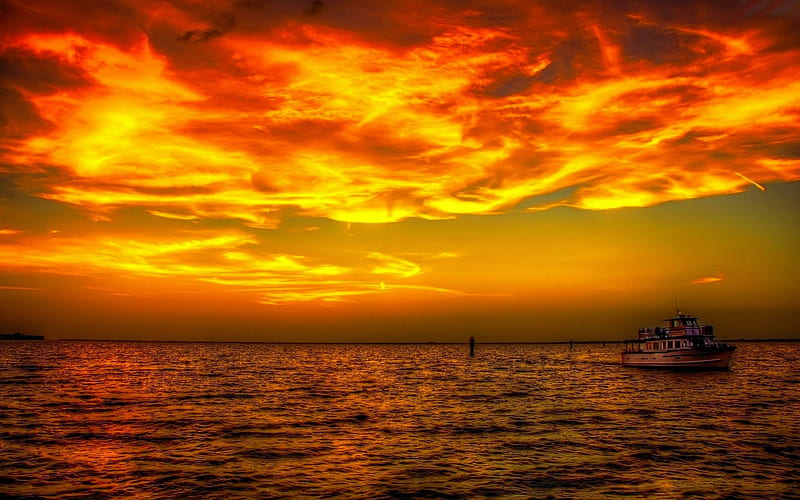 BARGE at SUNSET, barge, sea, Sun, Sunset, HD wallpaper