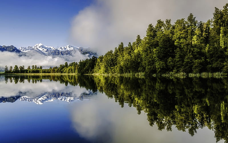 mountains, lake, forest, snow, summer, Southern Alps, Lake Matheson, New Zealand, HD wallpaper