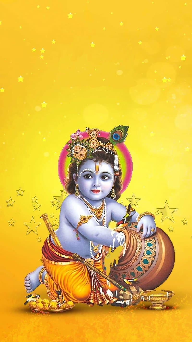 Shri Krishna Janmashtami, Yellow Background, lord, god, kanha ji, HD phone wallpaper