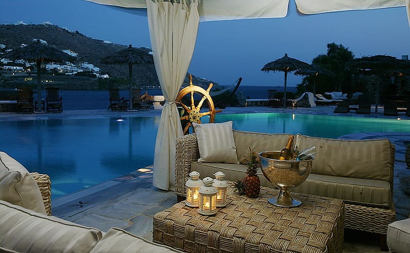 Relaxing area, glow, bottle, umbrella, curtain, hammock, lounges, bucket, mountain, fruit, couch, chairs, wheel, evening, sunchairs, table, pineapple, lanterns, wine, wine glass, cushions, poolside, pool, fire, ice bucket, flames, nautical, hillside, sofa, HD wallpaper