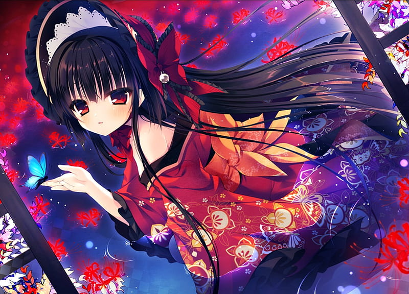 Butterfly, red, girl, anime, manga, blue, hat, rubi sama, HD wallpaper |  Peakpx
