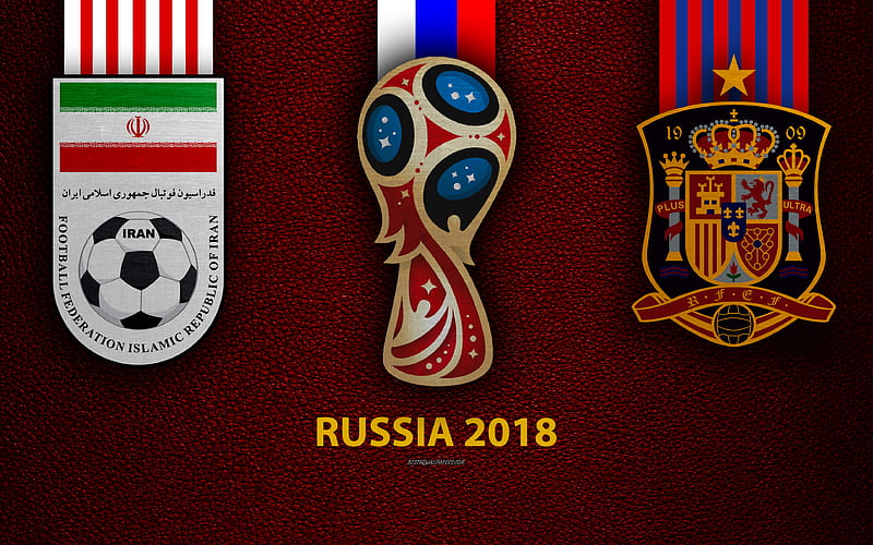 Iran vs Spain Group B, football, logos, 2018 FIFA World Cup, Russia 2018, burgundy leather texture, Russia 2018 logo, cup, Iran, Spain, national teams, football match, HD wallpaper