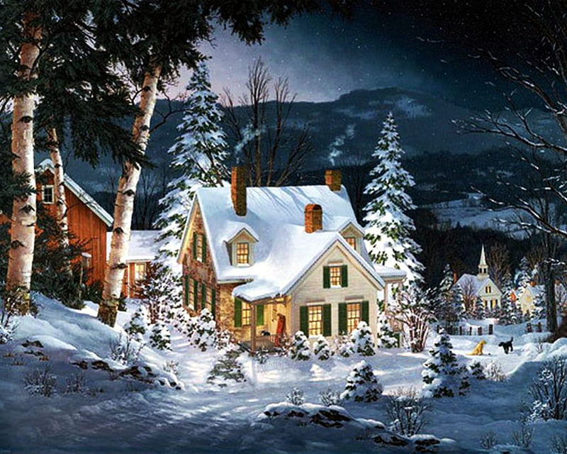 Winter Cottage, snow, houses, church, trees, artwork, landscape, HD ...