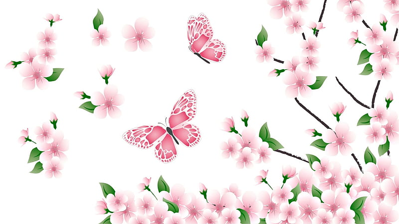Spring, sakura, blossom, butterfly, green, texture, flower, white, pink, cherry, HD wallpaper