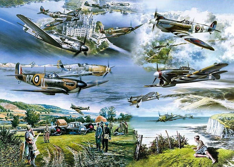 Their Finest Hour, huricane, raf, ww2, world war 2, battle of britain, planes, skies, battle, military, spitfire, HD wallpaper