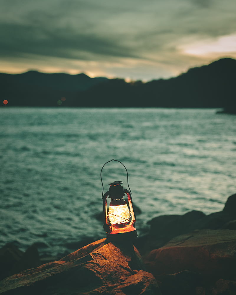 lantern, garland, light, stones, shore, HD phone wallpaper