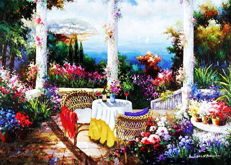 Garden of Love, pillars, table, chairs, flowers, artwork, sea, HD ...