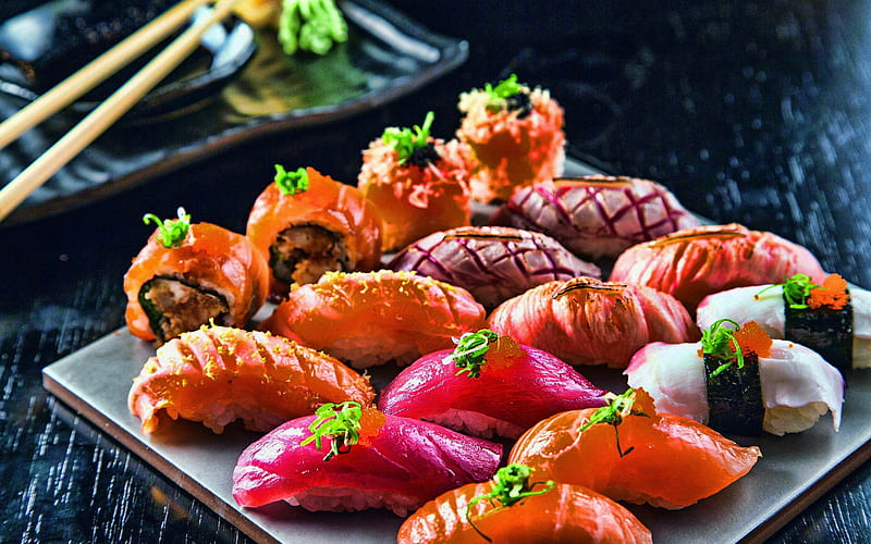 sushi, asian food, rolls, fastfood, nigiri, temari, HD wallpaper