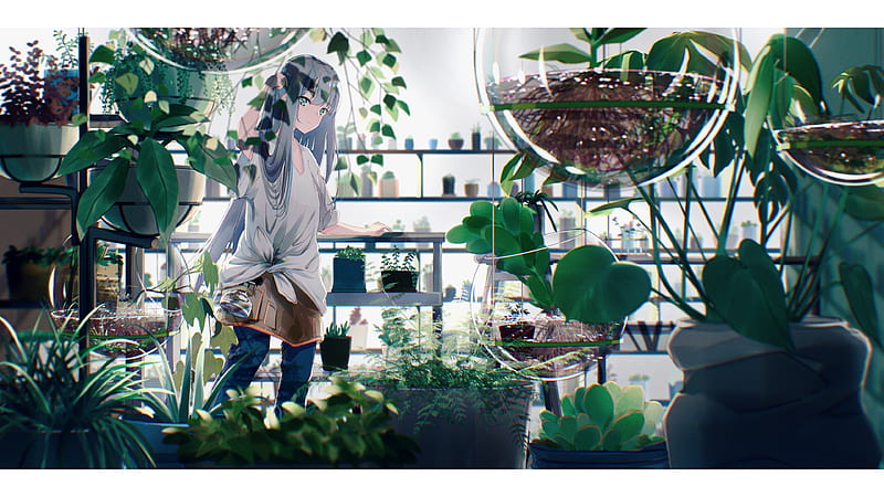 anime girl, botanical garden, working, green eyes, plants, Anime, HD wallpaper