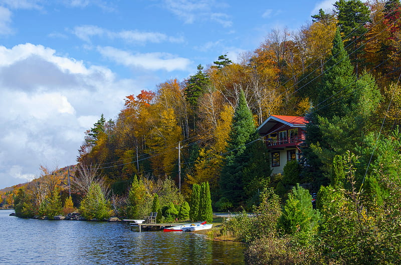 Autumn in Quebec, boat, house, pier, trees, sky, canada, lake, HD wallpaper
