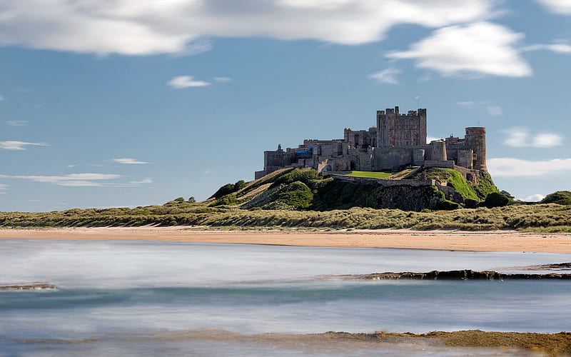 Bamburgh Castle, Northumberland, England, water, medieval, castle, england, HD wallpaper