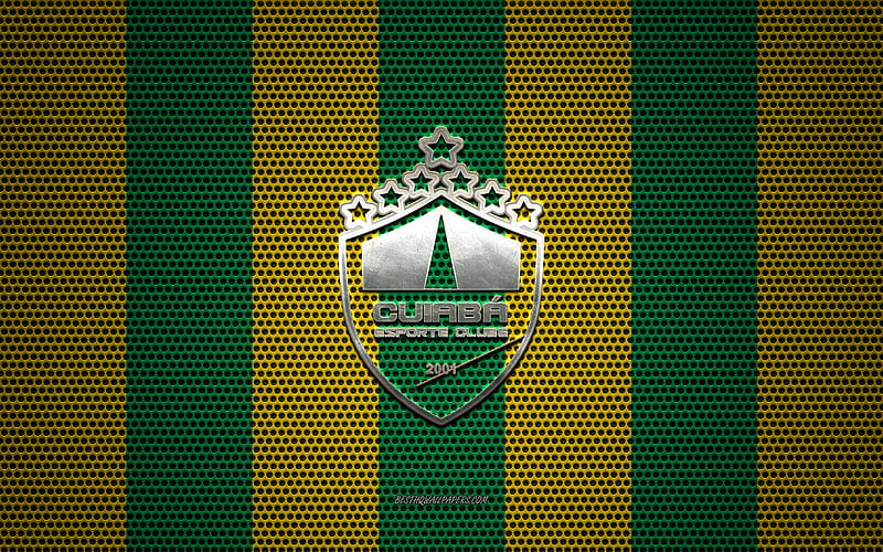 Cuiaba Esporte Clube logo, Brazilian football club, metal emblem, green yellow metal mesh background, Cuiaba Esporte Clube, Serie B, Cuiaba, Brazil, football, HD wallpaper