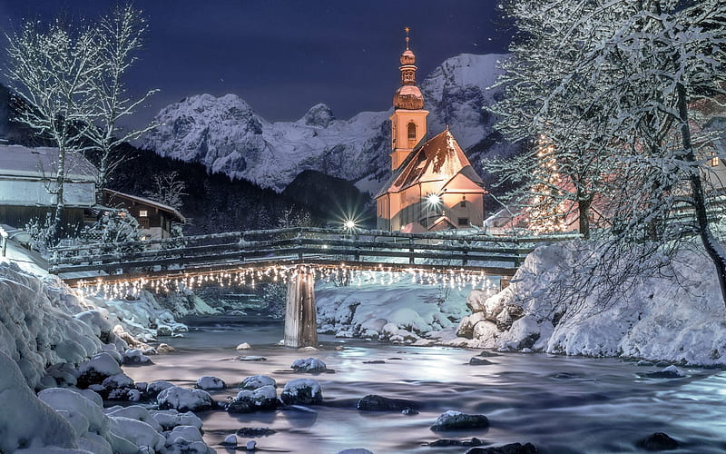 Berchtesgaden, winter, german cities, Alps, church, Germany, Europe, nightscapes, HD wallpaper